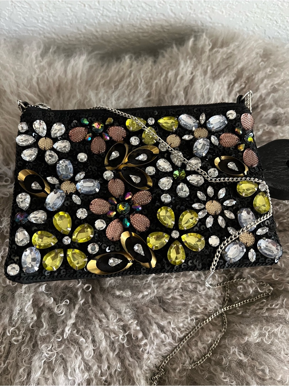 ASOS Black Clutch with Multicolor Crystal Floral Embellishments